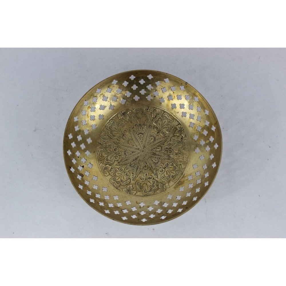 Vintage Brass Bowl, Pierced Dish Cutwork Quatrefoil Pattern, Engraved Decor Indi